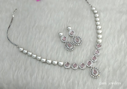 Silver Pink American Diamond AD Navjot Necklace Set /Indian Necklace Set
