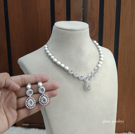 Silver Pink American Diamond AD Navjot Necklace Set /Indian Necklace Set