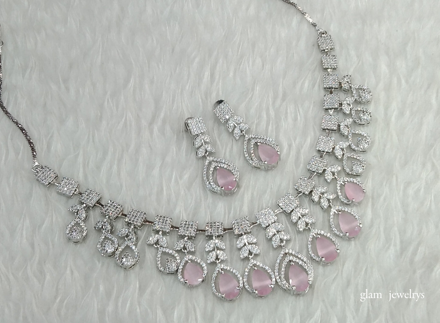Silver Pink American Diamond AD Navjot Necklace Set /Indian Necklace Set