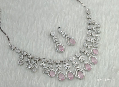 Silver Pink American Diamond AD Navjot Necklace Set /Indian Necklace Set