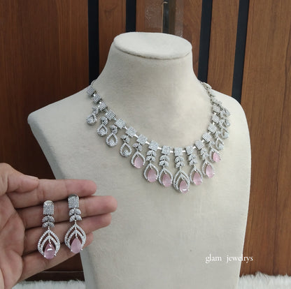 Silver Pink American Diamond AD Navjot Necklace Set /Indian Necklace Set