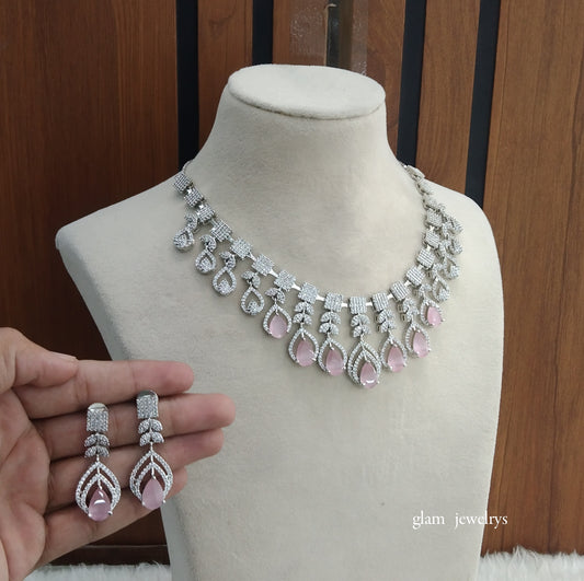 Silver Pink American Diamond AD Navjot Necklace Set /Indian Necklace Set