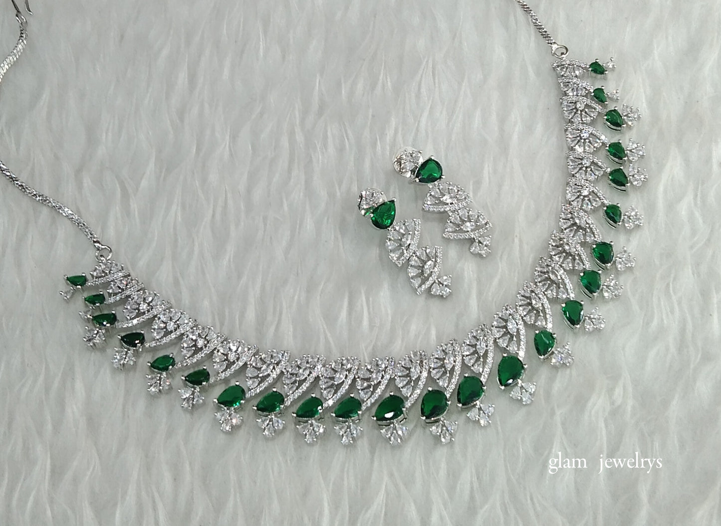 Silver Green American Diamond AD Navjot Necklace Set /Indian Necklace Set