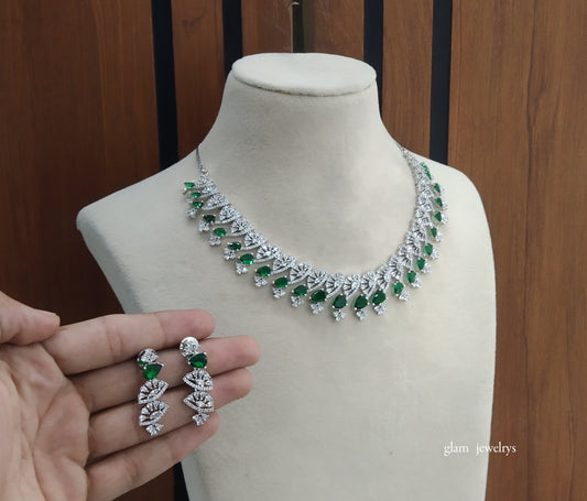 Silver Green American Diamond AD Navjot Necklace Set /Indian Necklace Set