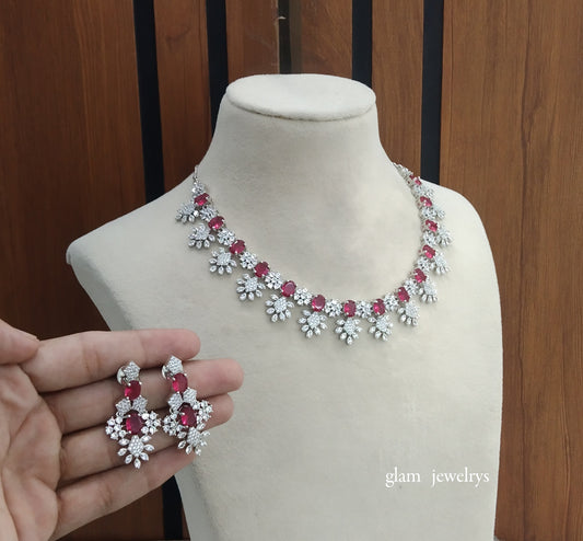 Silver Ruby American Diamond AD Navjot Necklace Set /Indian Necklace Set
