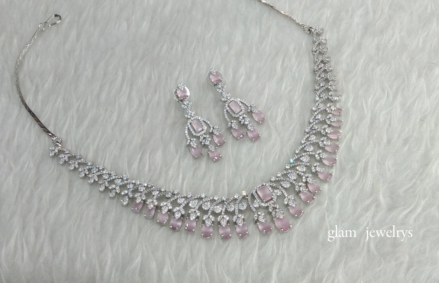 Silver Pink American Diamond AD Navjot Necklace Set /Indian Necklace Set