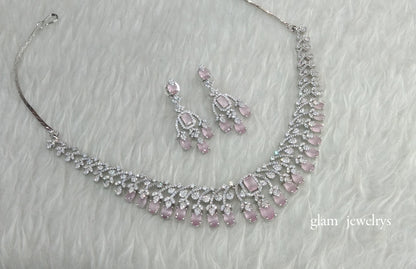 Silver Pink American Diamond AD Navjot Necklace Set /Indian Necklace Set