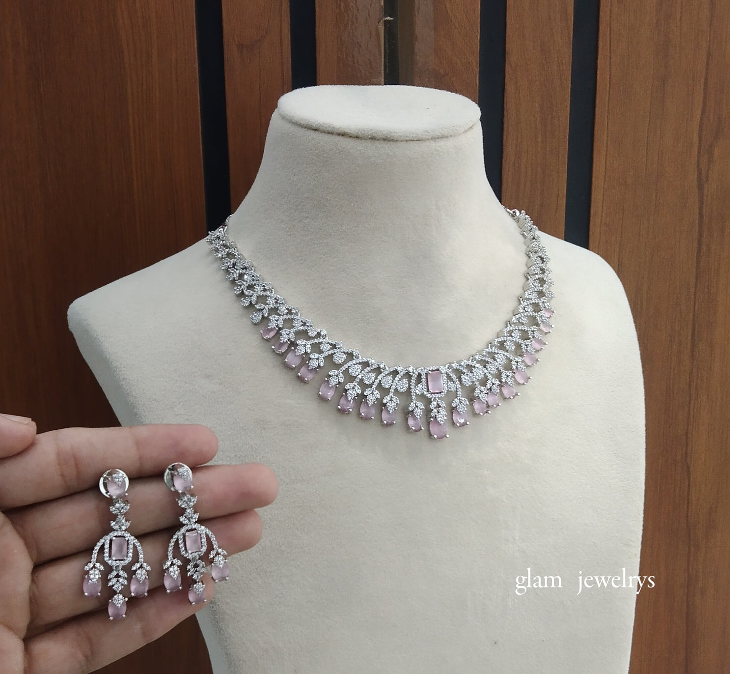 Silver Pink American Diamond AD Navjot Necklace Set /Indian Necklace Set