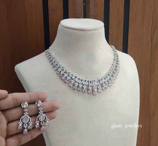 Silver Pink American Diamond AD Navjot Necklace Set /Indian Necklace Set