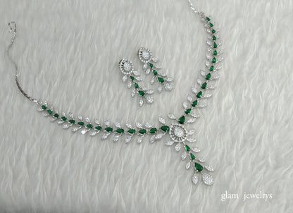 Silver Green American Diamond AD Navjot Necklace Set /Indian Necklace Set