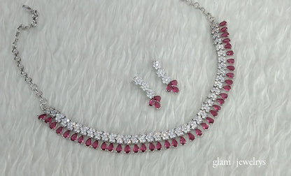 Silver Ruby  American Diamond AD Manat Necklace Set /Indian Necklace Set