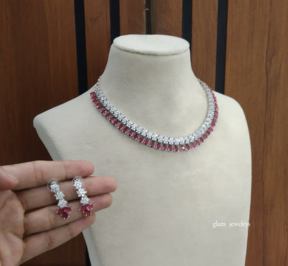 Silver Ruby  American Diamond AD Manat Necklace Set /Indian Necklace Set