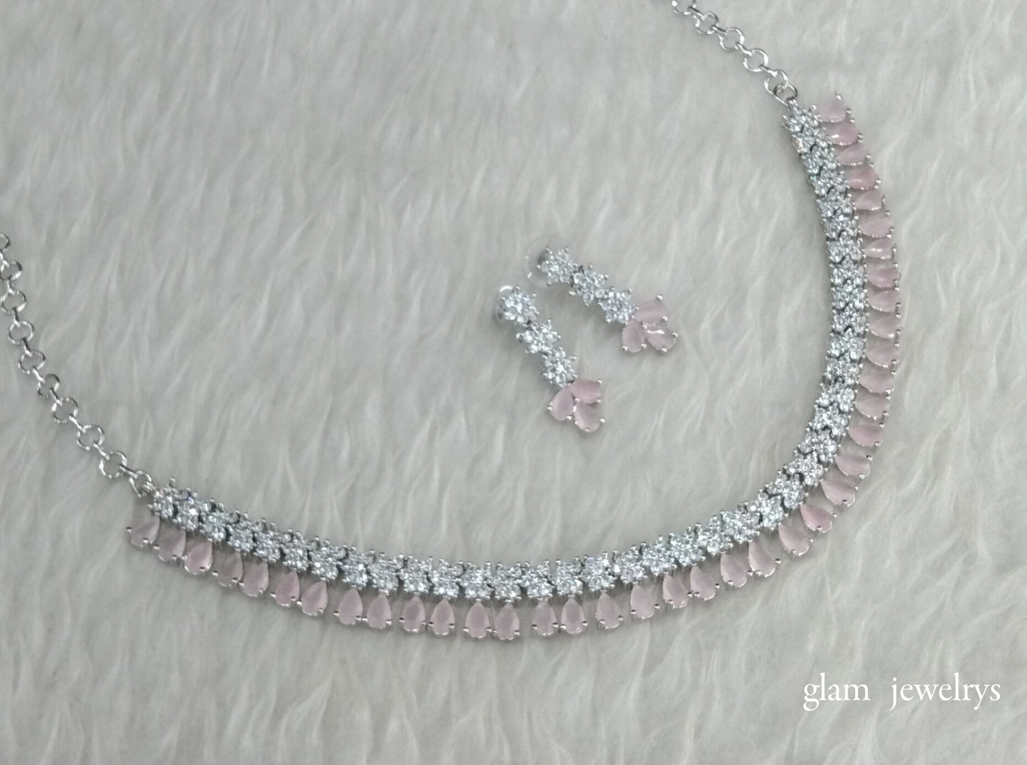 Silver Pink American Diamond AD Manat Necklace Set /Indian Necklace Set