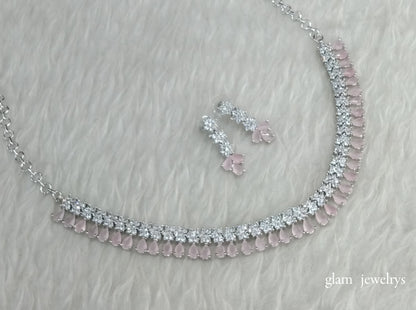 Silver Pink American Diamond AD Manat Necklace Set /Indian Necklace Set