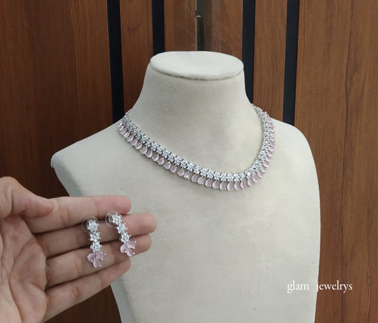 Silver Pink American Diamond AD Manat Necklace Set /Indian Necklace Set