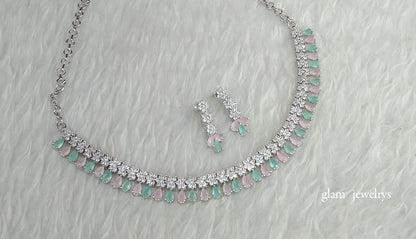 Silver Mint Pink American Diamond AD Manat Necklace Set /Indian Necklace Set