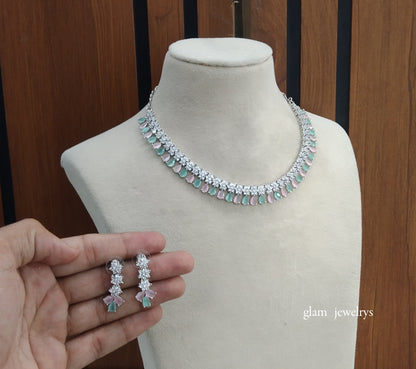 Silver Mint Pink American Diamond AD Manat Necklace Set /Indian Necklace Set