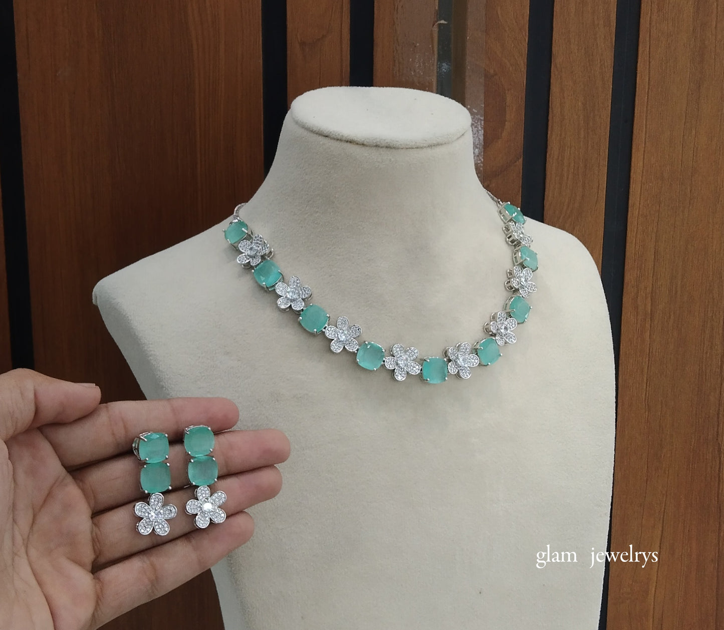 Silver Mint Diamond AD ishmeet Necklace Set /Indian Necklace Set