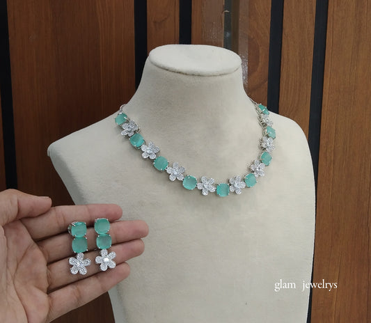Silver Mint Diamond AD ishmeet Necklace Set /Indian Necklace Set