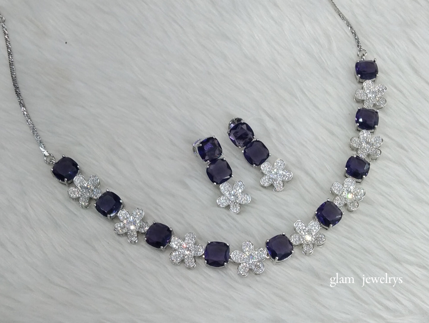 Silver Blue Diamond AD Ishmeet Necklace Set /Indian Necklace Set