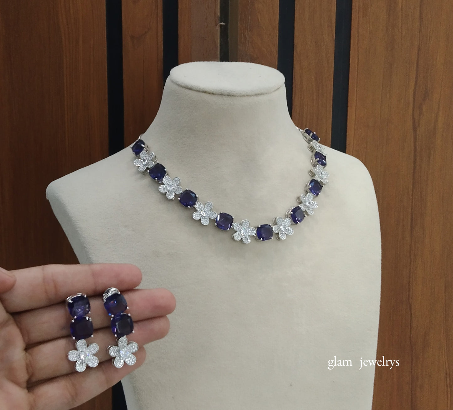 Silver Blue Diamond AD Ishmeet Necklace Set /Indian Necklace Set
