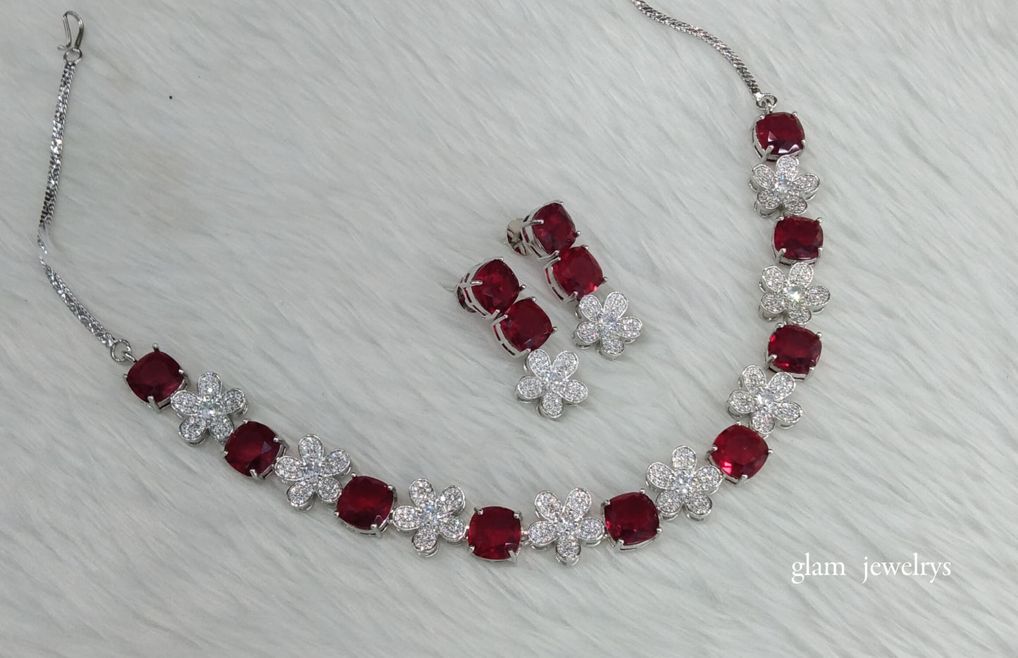 Silver Maroon Diamond AD Ishmeet Necklace Set /Indian Necklace Set