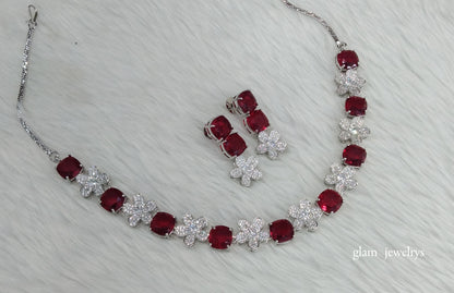 Silver Maroon Diamond AD Ishmeet Necklace Set /Indian Necklace Set