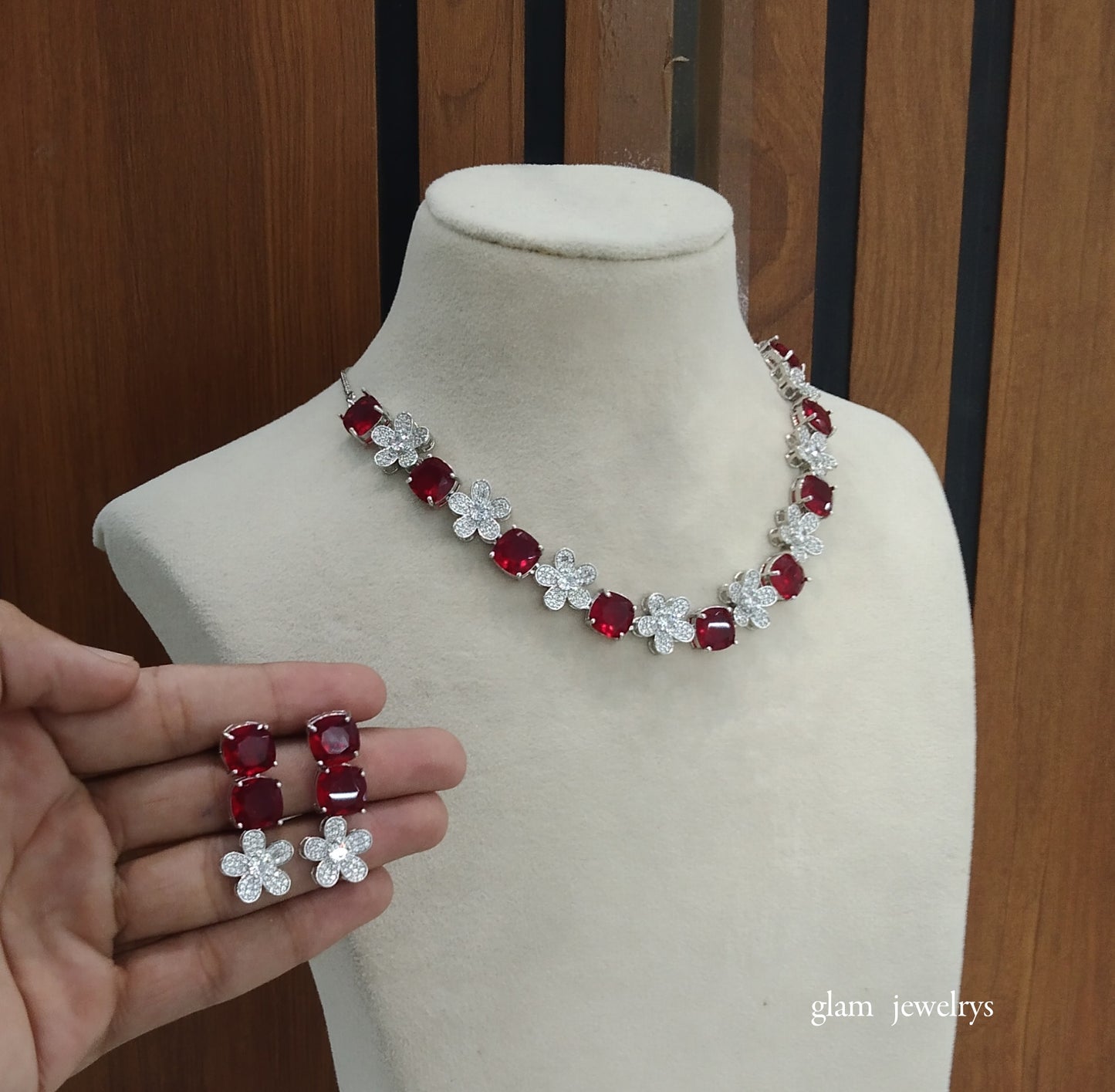 Silver Maroon Diamond AD Ishmeet Necklace Set /Indian Necklace Set