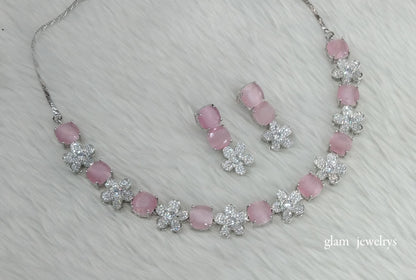Silver Pink Diamond AD Ishmeet Necklace Set /Indian Necklace Set