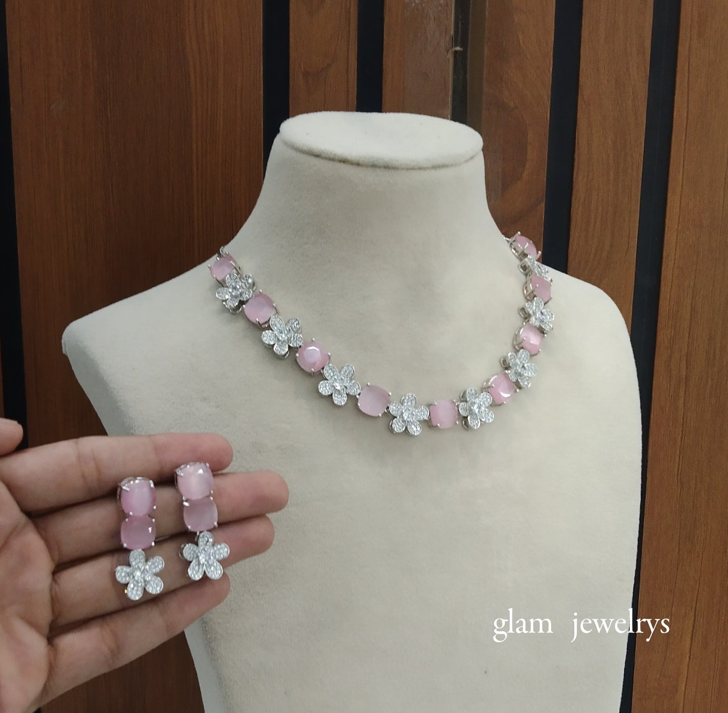 Silver Pink Diamond AD Ishmeet Necklace Set /Indian Necklace Set