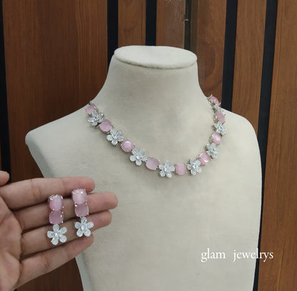 Silver Pink Diamond AD Ishmeet Necklace Set /Indian Necklace Set