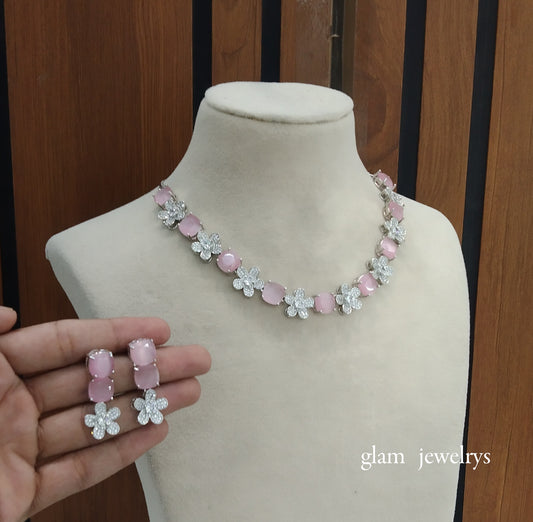 Silver Pink Diamond AD Ishmeet Necklace Set /Indian Necklace Set