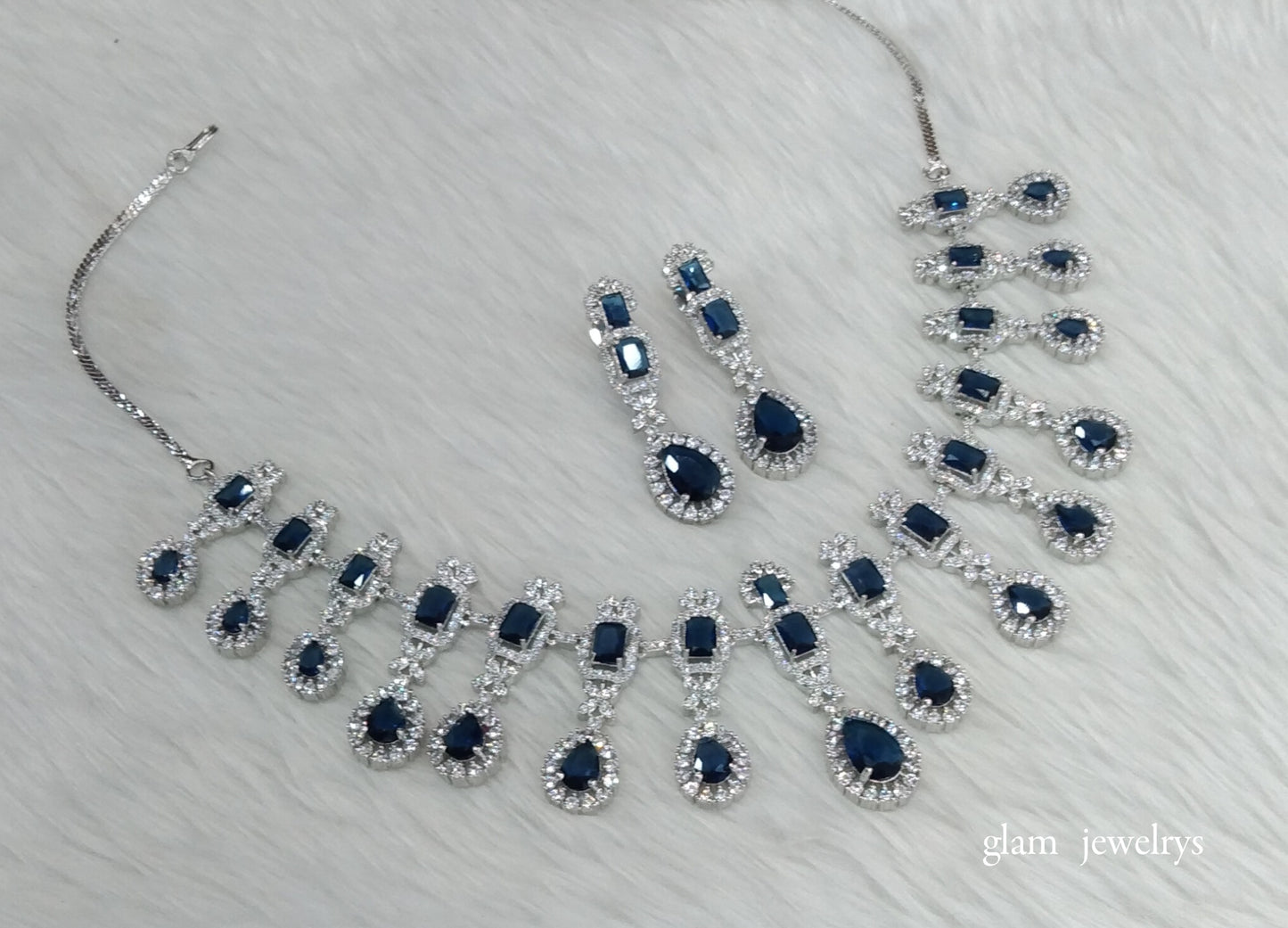 Silver Blue Diamond AD Jasmeet Necklace Set /Indian Necklace Set