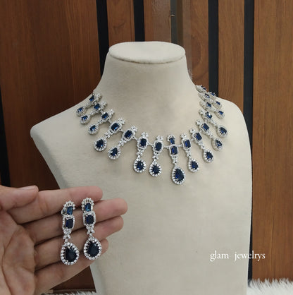 Silver Blue Diamond AD Jasmeet Necklace Set /Indian Necklace Set