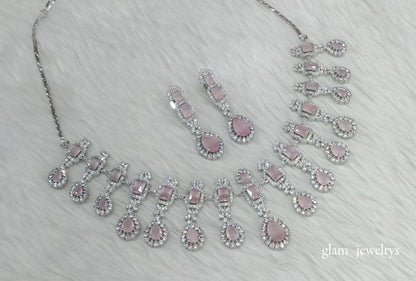 Silver Pink Diamond AD Jasmeet Necklace Set /Indian Necklace Set