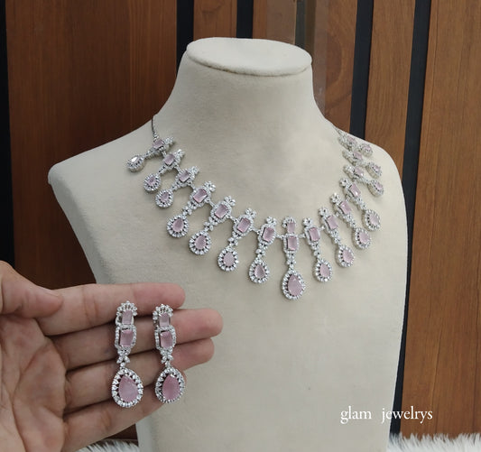 Silver Pink Diamond AD Jasmeet Necklace Set /Indian Necklace Set