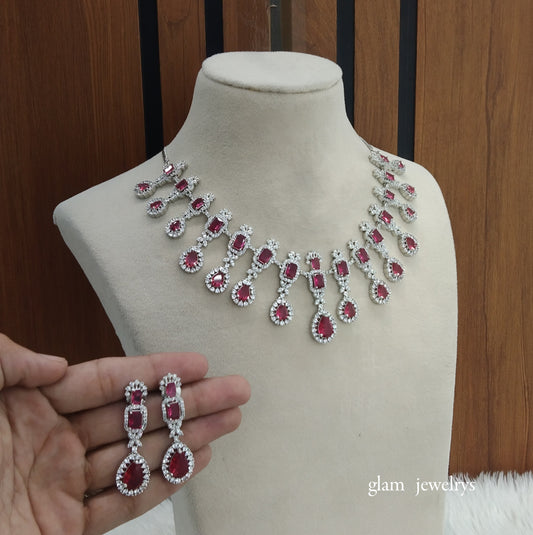 Silver Ruby Diamond AD Jasmeet Necklace Set /Indian Necklace Set