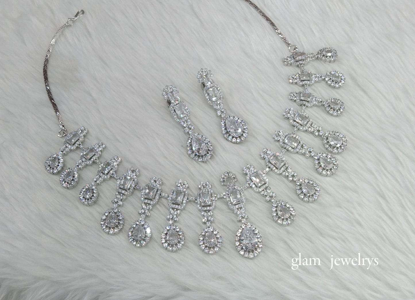Silver Diamond AD Jasmeet Necklace Set /Indian Necklace Set