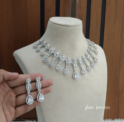 Silver Diamond AD Jasmeet Necklace Set /Indian Necklace Set