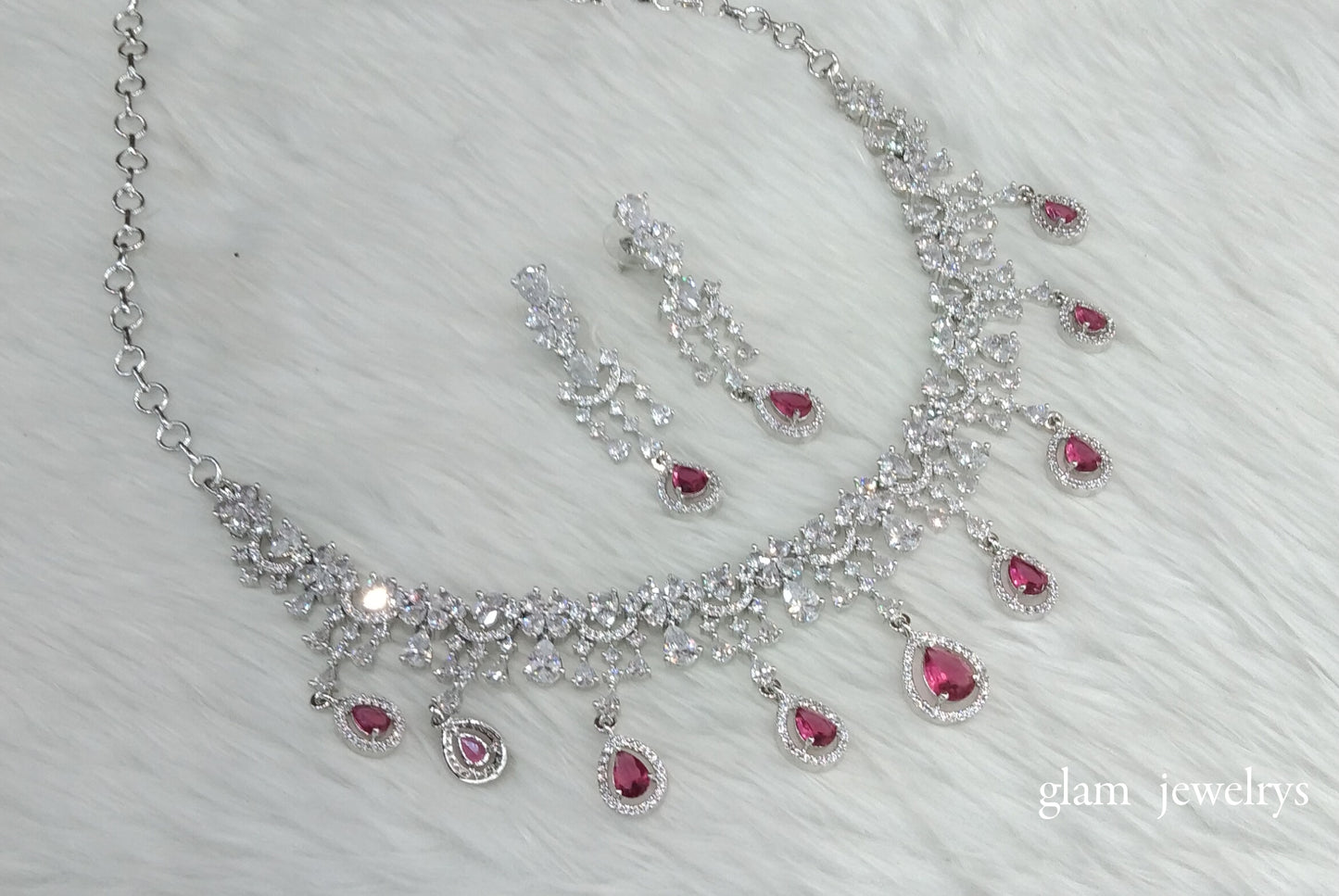 Silver Ruby Diamond AD Gaggi Necklace Set /Indian Necklace Set