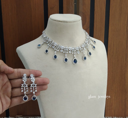 Silver Blue Diamond AD Gaggi Necklace Set /Indian Necklace Set