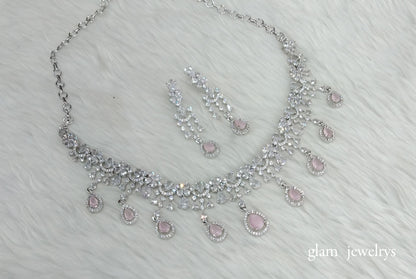 Silver pink Diamond AD Gaggi Necklace Set /Indian Necklace Set
