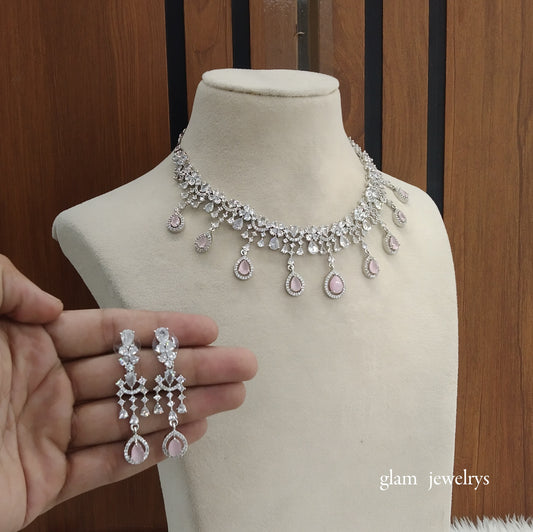Silver pink Diamond AD Gaggi Necklace Set /Indian Necklace Set