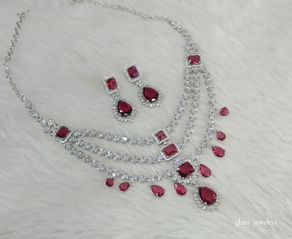 Silver Ruby Diamond AD Jasnoor Necklace Set /Indian Necklace Set