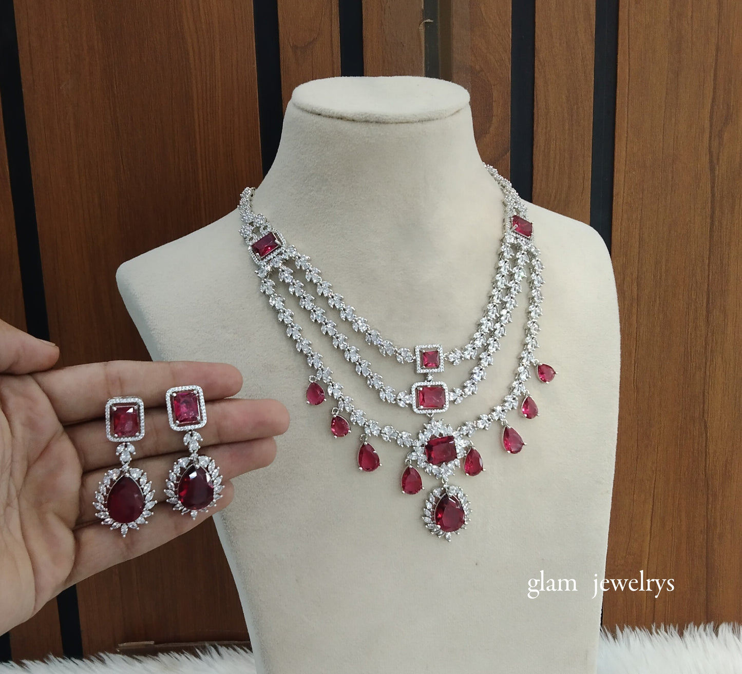 Silver Ruby Diamond AD Jasnoor Necklace Set /Indian Necklace Set