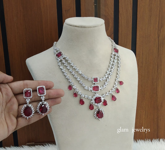 Silver Ruby Diamond AD Jasnoor Necklace Set /Indian Necklace Set