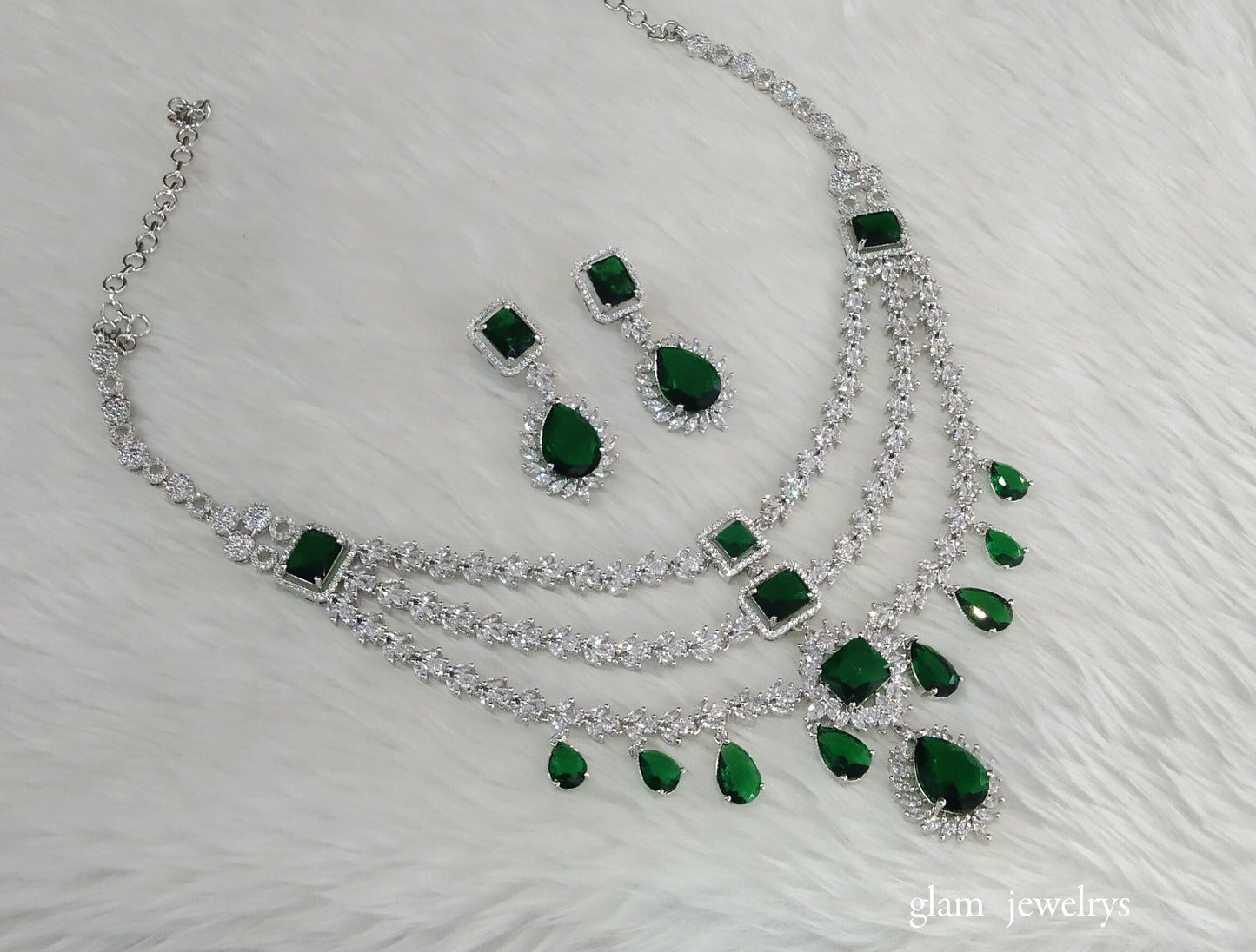 Silver Green Diamond AD Jasnoor Necklace Set /Indian Necklace Set