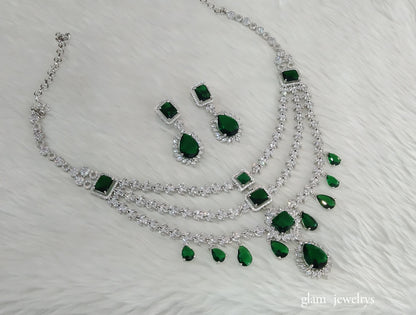 Silver Green Diamond AD Jasnoor Necklace Set /Indian Necklace Set