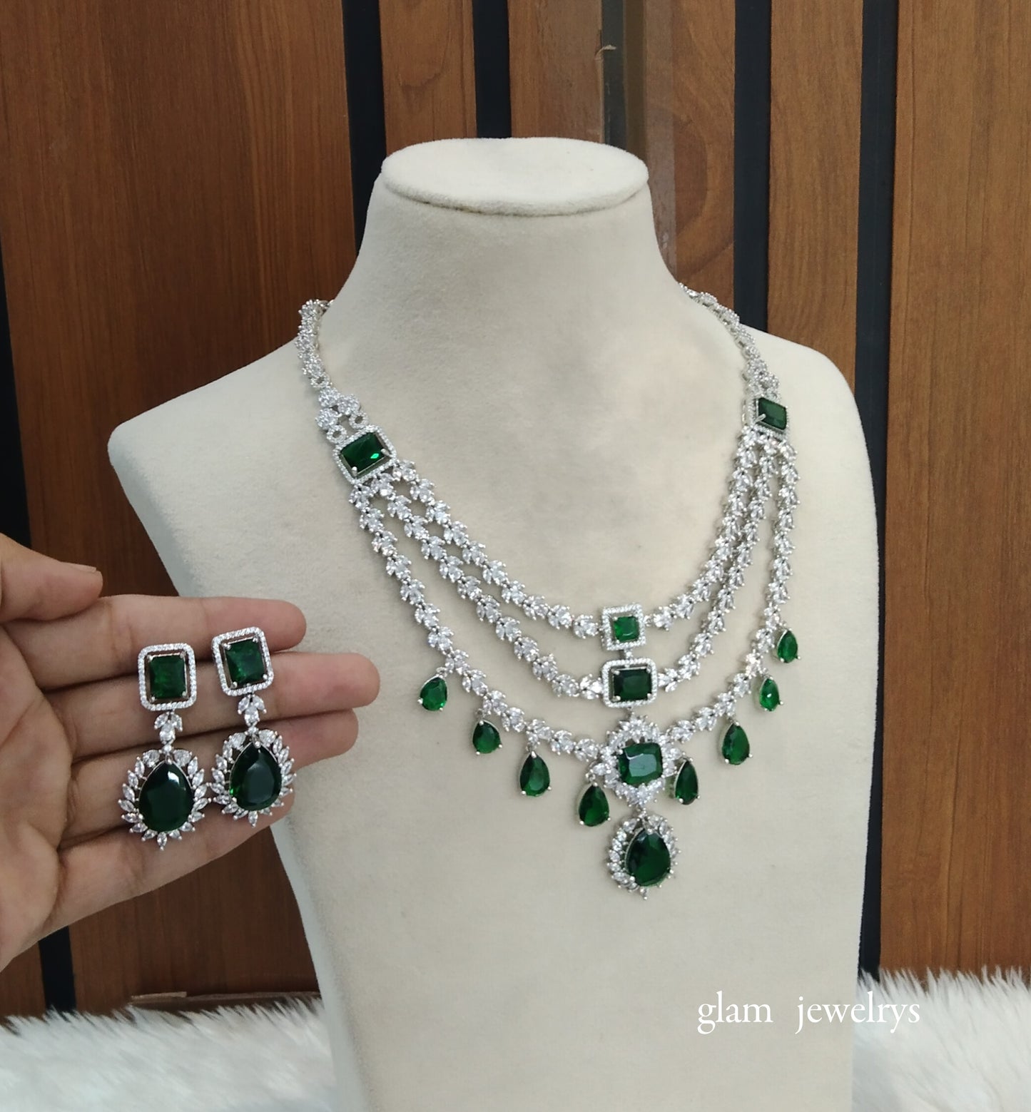 Silver Green Diamond AD Jasnoor Necklace Set /Indian Necklace Set