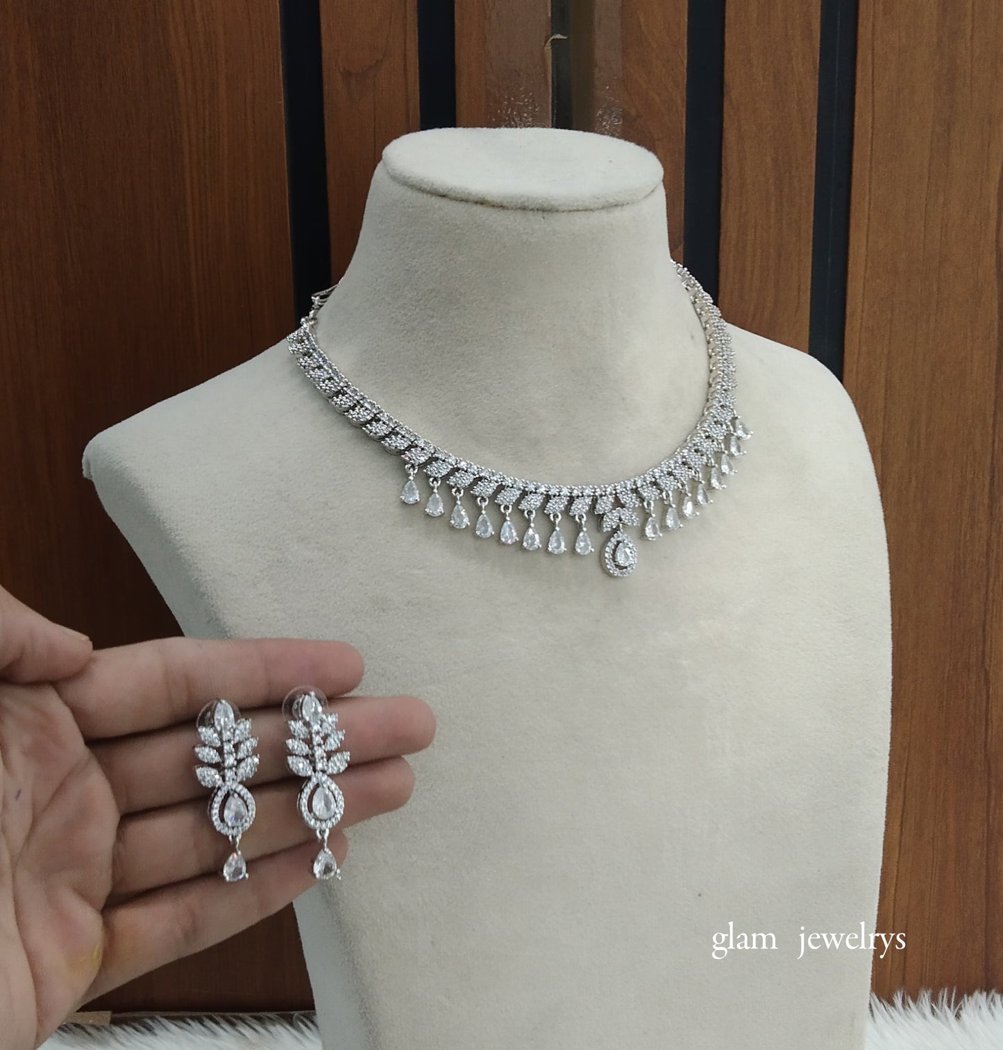 Silver  Diamond AD Sona Necklace Set /Indian Necklace Set